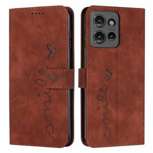 For Motorola Edge 50 Skin Feel Heart Embossed Leather Phone Case with Long Lanyard(Brown)