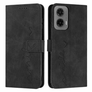 For Motorola Moto G35 Skin Feel Heart Embossed Leather Phone Case with Long Lanyard(Black)