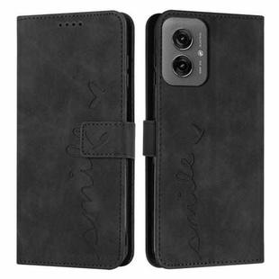 For Motorola Moto G55 Skin Feel Heart Embossed Leather Phone Case with Long Lanyard(Black)