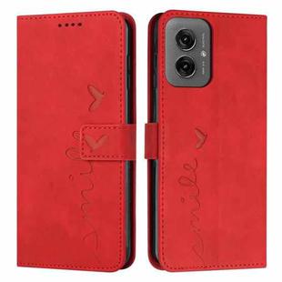 For Motorola Moto G55 Skin Feel Heart Embossed Leather Phone Case with Long Lanyard(Red)