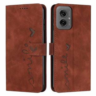 For Motorola Moto G55 Skin Feel Heart Embossed Leather Phone Case with Long Lanyard(Brown)