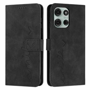 For Motorola Moto G75 Skin Feel Heart Embossed Leather Phone Case with Long Lanyard(Black)