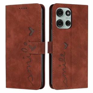 For Motorola Moto G75 Skin Feel Heart Embossed Leather Phone Case with Long Lanyard(Brown)