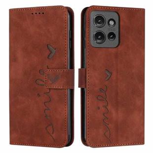 For Motorola Moto G 5G 2025 Skin Feel Heart Embossed Leather Phone Case with Long Lanyard(Brown)