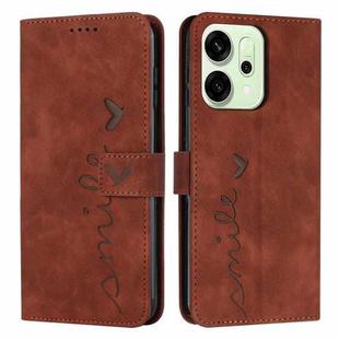 For OPPO Reno14 Global / Reno14 F 5G Skin Feel Heart Embossed Leather Phone Case with Long Lanyard(Brown)