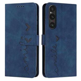 For Sony Xperia 1 V 2023 Skin Feel Heart Embossed Leather Phone Case with Long Lanyard(Blue)