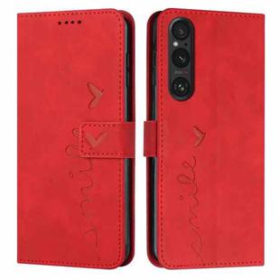 For Sony Xperia 1 V 2023 Skin Feel Heart Embossed Leather Phone Case with Long Lanyard(Red)