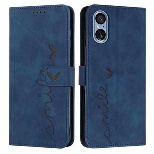 For Sony Xperia 5 V Skin Feel Heart Embossed Leather Phone Case with Long Lanyard(Blue)