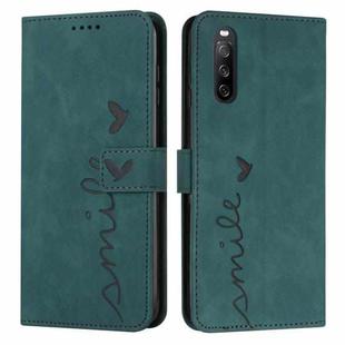 For Sony Xperia 10 V 2023 Skin Feel Heart Embossed Leather Phone Case with Long Lanyard(Green)