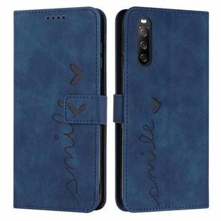 For Sony Xperia 10 V 2023 Skin Feel Heart Embossed Leather Phone Case with Long Lanyard(Blue)