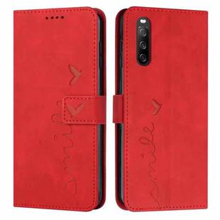 For Sony Xperia 10 V 2023 Skin Feel Heart Embossed Leather Phone Case with Long Lanyard(Red)