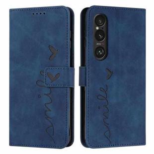 For Sony Xperia 1 VI Skin Feel Heart Embossed Leather Phone Case with Long Lanyard(Blue)