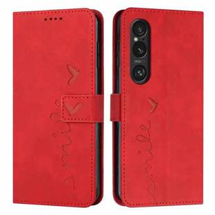 For Sony Xperia 1 VI Skin Feel Heart Embossed Leather Phone Case with Long Lanyard(Red)