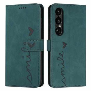 For Sony Xperia 1 VII Skin Feel Heart Embossed Leather Phone Case with Long Lanyard(Green)