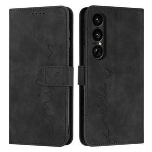 For Sony Xperia 1 VII Skin Feel Heart Embossed Leather Phone Case with Long Lanyard(Black)