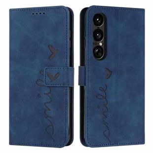 For Sony Xperia 1 VII Skin Feel Heart Embossed Leather Phone Case with Long Lanyard(Blue)