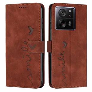 For Xiaomi 13T / Xiaomi 13T Pro Skin Feel Heart Embossed Leather Phone Case with Long Lanyard(Brown)