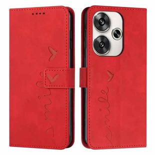 For Xiaomi Redmi Turbo 3 Skin Feel Heart Embossed Leather Phone Case with Long Lanyard(Red)