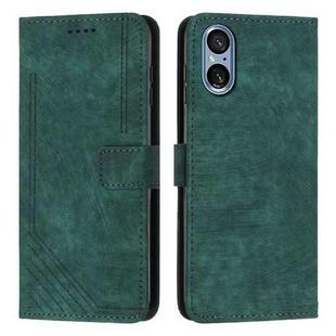 For Sony Xperia 5 V Skin Feel Stripe Pattern Leather Phone Case with Lanyard(Green)