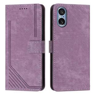 For Sony Xperia 5 V Skin Feel Stripe Pattern Leather Phone Case with Lanyard(Purple)