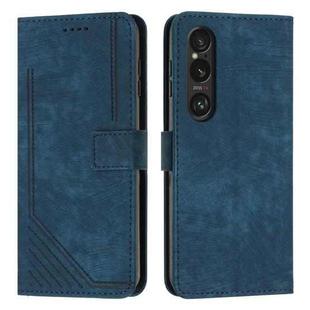 For Sony Xperia 1 VI Skin Feel Stripe Pattern Leather Phone Case with Lanyard(Blue)