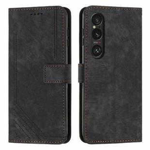 For Sony Xperia 1 VI Skin Feel Stripe Pattern Leather Phone Case with Lanyard(Black)