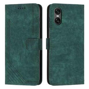 For Sony Xperia 10 VI Skin Feel Stripe Pattern Leather Phone Case with Lanyard(Green)