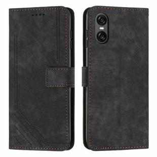 For Sony Xperia 10 VI Skin Feel Stripe Pattern Leather Phone Case with Lanyard(Black)