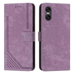 For Sony Xperia 10 VI Skin Feel Stripe Pattern Leather Phone Case with Lanyard(Purple)