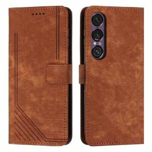 For Sony Xperia 1 VII Skin Feel Stripe Pattern Leather Phone Case with Lanyard(Brown)