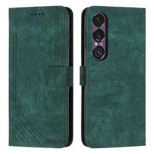 For Sony Xperia 1 VII Skin Feel Stripe Pattern Leather Phone Case with Lanyard(Green)