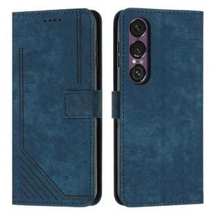 For Sony Xperia 1 VII Skin Feel Stripe Pattern Leather Phone Case with Lanyard(Blue)