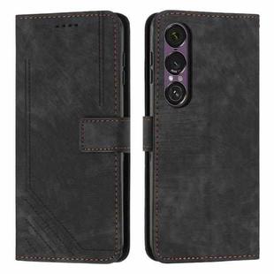 For Sony Xperia 1 VII Skin Feel Stripe Pattern Leather Phone Case with Lanyard(Black)
