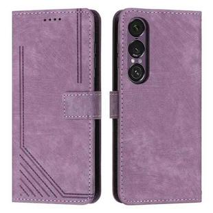 For Sony Xperia 1 VII Skin Feel Stripe Pattern Leather Phone Case with Lanyard(Purple)