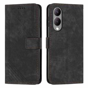 For vivo Y17s Skin Feel Stripe Pattern Leather Phone Case with Lanyard(Black)