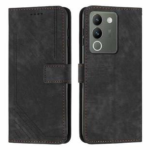 For vivo Y200 Skin Feel Stripe Pattern Leather Phone Case with Lanyard(Black)