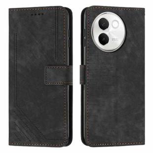 For vivo V30e Skin Feel Stripe Pattern Leather Phone Case with Lanyard(Black)