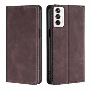 For OPPO Reno12 5G Global Skin Feel Magnetic Leather Phone Case(Dark Brown)