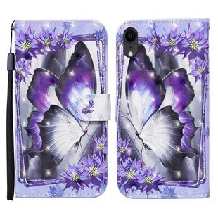 For iPhone XR 3D Painted Pattern Horizontal Flip Leather Case with Holder & Wallet & Card slot & Lanyard(Purple Flower Butterfly)