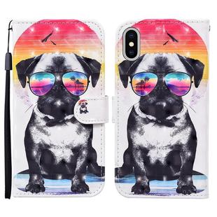 For iPhone X / XS 3D Painted Pattern Horizontal Flip Leather Case with Holder & Wallet & Card slot & Lanyard(Glasses Dog)