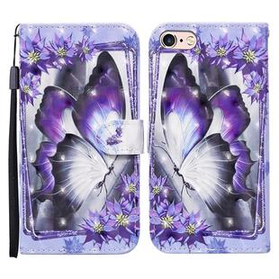For iPhone SE 2022 / SE 2020 / 8 / 7 3D Painted Pattern Horizontal Flip Leather Case with Holder & Wallet & Card slot & Lanyard(Purple Flower Butterfly)