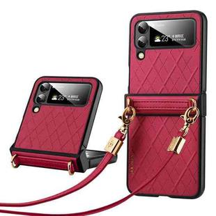 For Samsung Galaxy Z Flip4 SULADA Elegant Rhombic Texture Folding Phone Case with Lanyard(Red)