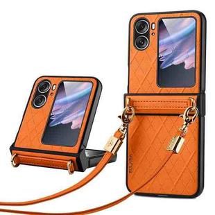 For OPPO Find N2 Flip SULADA Elegant Rhombic Texture Folding Phone Case with Lanyard(Orange)