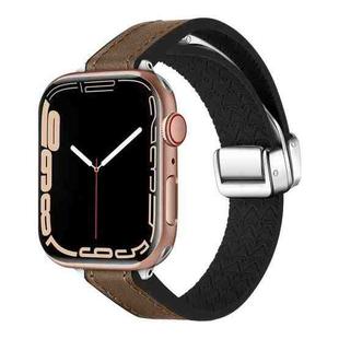 For Apple Watch SE 2023 44mm Magnetic Folding Leather Silicone Watch Band(Dark Brown)