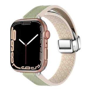 For Apple Watch Series 9 41mm Magnetic Folding Leather Silicone Watch Band(Grass Green)