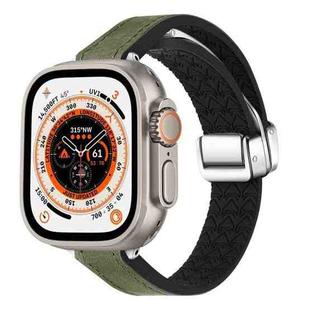 For Apple Watch Ultra 49mm Magnetic Folding Leather Silicone Watch Band(Crazy Horse Green)