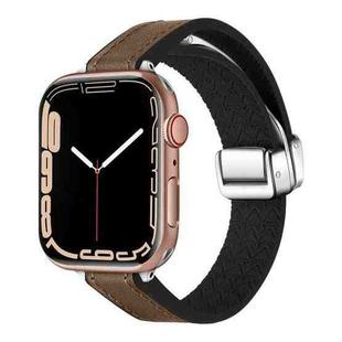 For Apple Watch Series 8 41mm Magnetic Folding Leather Silicone Watch Band(Dark Brown)