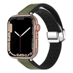 For Apple Watch SE 2022 44mm Magnetic Folding Leather Silicone Watch Band(Crazy Horse Green)