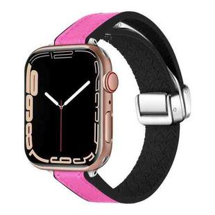 For Apple Watch Series 7 45mm Magnetic Folding Leather Silicone Watch Band(Rose Pink on Black)