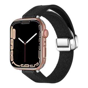 For Apple Watch Series 4 44mm Magnetic Folding Leather Silicone Watch Band(Napa Black)
